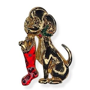 Vintage Enamel Christmas Dog with Stocking Goldtone Brooch